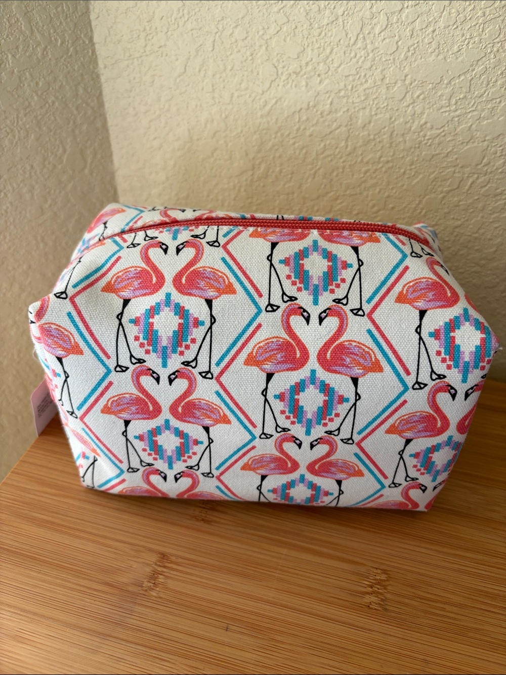 chic Flamingo Print Cosmetic Pouch - Pink, Teal & White